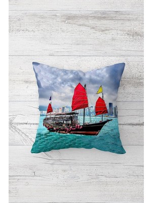Mey İthalat Pelangi Deniz Manzarası Yelkenli Tekne Çift Tarafı Baskılı Gizli Fermuar Yastık Kılıfı Kırlent Yastık Kılıfı, Deniz Mavisi 45 x 45