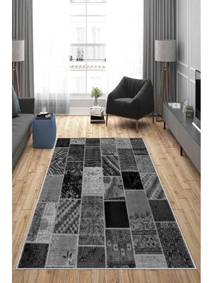 Mey İthalat Pelangi Gri Patchwork Kırkyama Desen Yıkanabilir Kaymaz Taban Leke Tutmaz Modern Salon Halısı ve Yolluk, Siyah-Antrasit 60 x 200, 135817260200728