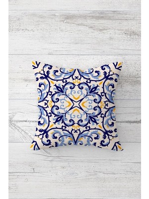 Mey İthalat Pelangi Mavi Çini Motifli Çift Tarafı Baskılı Gizli Fermuarlı Yastık Kılıfı Kırlent Koltuk Yastık Kılıfı, Mavi-Sarı 45 x 45