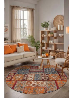 Mey İthalat Sera Patchwork Şönil Kaymaz Doğal Pamuk Tabanlı Yıkanabilir Antibakteriyel Çevre Dostu Yuvarlak Halı 200X200