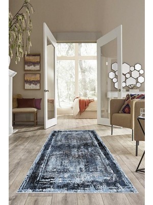 Mey İthalat Pelangi Mavi Abstract Desen Yıkanabilir Kaymaz Taban Leke Tutmaz Modern Salon Halısı ve Yolluk, Mavi-Lacivert 80 x 300, 13582568030005