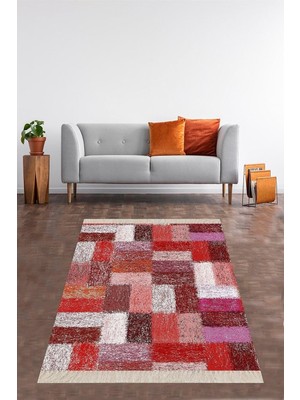 Mey İthalat Pelangi Geometrik Desenli Renk Geçişli Dijital Baskı Yıkanabilir Kaymaz Taban Modern Salon Halısı ve Yolluk, Kırmızı-Pembe 80 x 200, 9101398020005