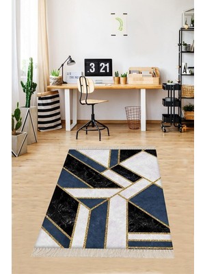 Mey İthalat Pelangi Geometrik Desenli Gold Şeritli Dijital Baskı Yıkanabilir Kaymaz Taban Modern Salon Halısı, Gri-Siyah 80 x 250