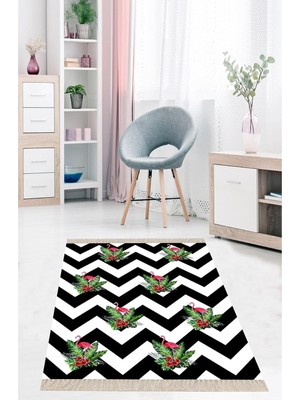 Mey İthalat Pelangi Flamingo Zigzag Desenli Modern Dijital Baskı Yıkanabilir Kaymaz Taban Salon Halı ve Yolluk, Siyah-Beyaz 160 x 240