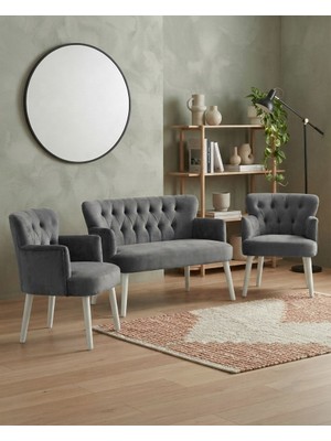 Azra Mobilya Roma 2+1+1 Babyface Kumaş Çay Seti Ev & Ofis Koltuk Takımı - Ahşap Beyaz Ayak - Gri