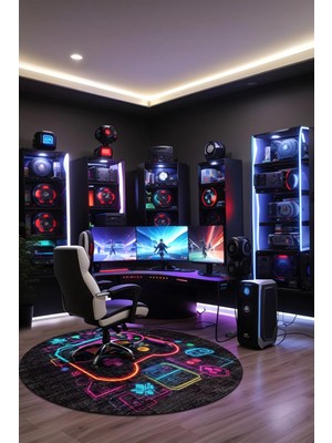 Mey İthalat Perk Gamer Halısı Şönil Pamuk Tabanlı Kaymaz Yuvarlak Gaming Oyuncu Odası Halısı 100X100