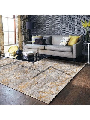 Mey İthalat Latte Dizayn Ayeew Desenli Kadife Pamuk Tabanlı Yıkanabilen Kaydırmaz Antibakteriyel Salon Halısı (200X250)