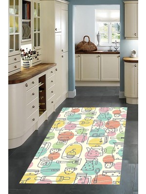 Mey İthalat Pelangi Kitchen Desenli Renkli Dijital Baskılı Kaymaz Taban Yıkanabilir Leke Tutmaz Mutfak Halısı, Çok Renkli 100 x 200