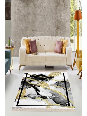 Mey İthalat Pelangi Mermer Desenli Gold Şeritli Çerçeveli Dijital Baskı Yıkanabilir Kaymaz Taban Modern Salon Halısı, Beyaz 160 x 160