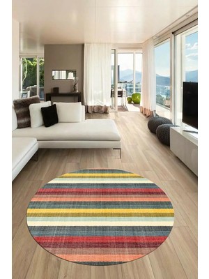 Mey İthalat Modern Kilim Desen Dijital Kaymaz Taban Yıkanabilir Yuvarlak Mutfak Salon Halısı Y-Modern-25, Çok Renkli, 100 x 100