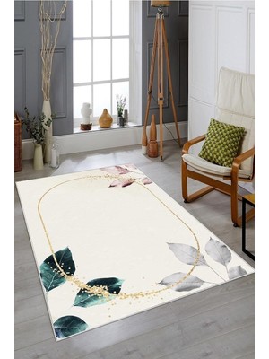 Mey İthalat Pelangi Krem Zemin Gold Çerçeve Yapraklı Yıkanabilir Kaymaz Taban Leke Tutmaz Modern Salon Halısı ve Yolluk, Krem 40 x 40, 745711514040728