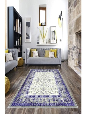 Mey İthalat Pelangi Mor Çerçeveli Çiçek Desenli Yıkanabilir Kaymaz Taban Leke Tutmaz Modern Salon Halısı ve Yolluk, Mor 40 x 40, 745711834040728
