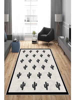 Mey İthalat Pelangi Bej Kaktüs Desenli Yıkanabilir Kaymaz Taban Leke Tutmaz Modern Salon Halısı ve Yolluk, Açık Gri-Antrasit 80 x 600, 13582188060005