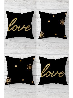 Mey İthalat Pelangi Gold Love ve Kar Tanesi Desenli Gizli Fermuarlı Kırlent Kılıfı Koltuk Yastık Kılıfı TAKIM(4ADET), Gold-Siyah 45 x 45