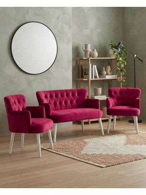 Azra Mobilya Roma 2+1+1 Babyface Kumaş Çay Seti Ev & Ofis Koltuk Takımı - Ahşap Beyaz Ayak - Fuşya
