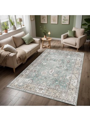 Mey İthalat Latte Dizayn Zuleo Vintage Desenli Şönil Pamuk Tabanlı Yıkanabilir Kaymaz Antibakteriyel Salon Halısı 80X150