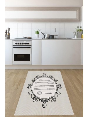 Mey İthalat Pelangi Çatal Bıçak Desenli Dijital Baskı Yıkanabilir Kaymaz Taban Leke Tutmaz Mutfak Halısı ve Yolluk, Krem 80 x 350