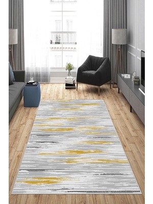 Mey İthalat Pelangi Gri Desenli Hardal Detaylı Yıkanabilir Kaymaz Taban Leke Tutmaz Modern Salon Halısı ve Yolluk, Sarı-Gri 80 x 250, 13581988025005