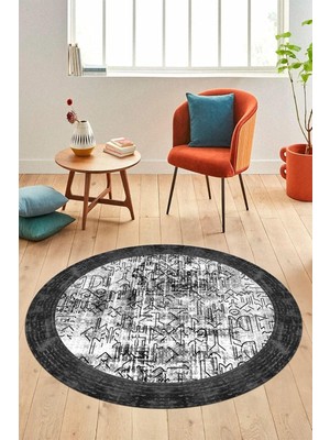 Mey İthalat Iskandinav Çerçeveli Modern Yıkanabilir Yolluk Mutfak Yuvarlak Salon Halısı Y-Çerçeveli-16, Gri, 180 x 180