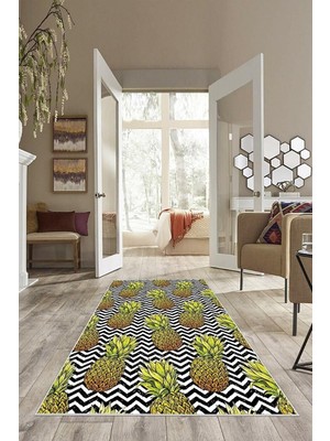 Mey İthalat Pelangi Siyah Beyaz Zigzag Ananas Desen Yıkanabilir Kaymaz Taban Leke Tutmaz Modern Salon Halısı ve Yolluk, Yeşil-Siyah 60 x 200, 13582456020005