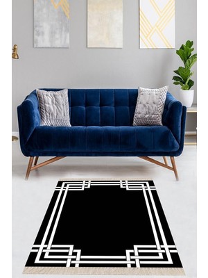 Mey İthalat Pelangi Geometrik Çizgi Desenli Dijital Baskı Yıkanabilir Kaymaz Taban Etnik Kilim Desen Salon Halı, Siyah 120 x 120