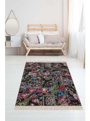 Mey İthalat Pelangi Patchwork Gül Desenli Halı, Siyah-Mavi 80 x 400