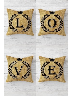 Mey İthalat Pelangi Love Harfleri Jüte Desen Gizli Fermuarlı Kırlent Kılıfı Koltuk Yastık Kılıfı TAKIM(4ADET), Taba 43 x 43