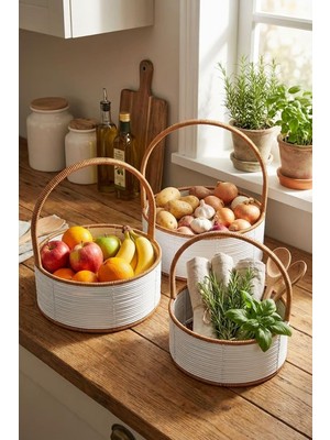 Mey İthalat Buffer 3 Parça Iç Içe Geçebilen Plastik Rattan Sepet Seti, Beyaz Renk, Kahverengi Sap, Yuvarlak Hasır Görünümlü Çok Amaçlı Düzenleyici Sepetler, 27X35 cm