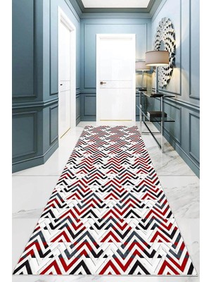 Mey İthalat Pelangi Geometrik Zigzag Desenli Dijital Baskı Yıkanabilir Kaymaz Taban Klasik Salon Halısı, Bordo 60 x 200, 95541421602007