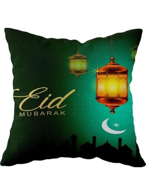 Mey İthalat Pelangi Ramazan Fener Hilal Eid Mubarak Çift Taraflı Gizli Fermuar Yastık Kılıf Kırlent Koltuk Yastık Kılıf, Yeşil 43 x 43