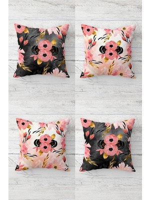 Mey İthalat Pelangi Sakura Çiçekleri Suluboya Desen Gizli Fermuarlı Kırlent Kılıfı Koltuk Yastık Kılıfı TAKIM(4ADET), Pembe-Antrasit 45 x 45