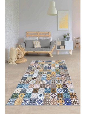 Mey İthalat Pelangi Çok Renkli Mozaik Desenli Yıkanabilir Kaymaz Taban Leke Tutmaz Modern Salon Halısı ve Yolluk, Mavi-Beyaz 160 x 350