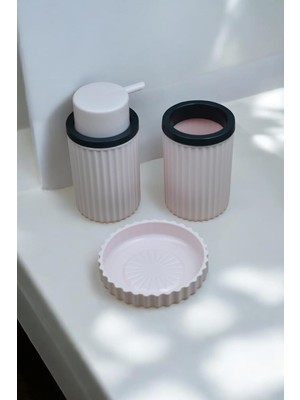 Mey İthalat 3 Parça Sert Plastik Banyo Seti/sıvı Sabunluk, Diş Fırçalık ve Katı Sabunluk-Toz Pembe