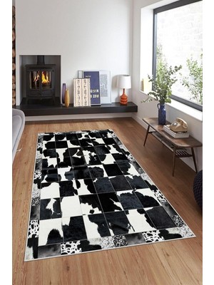 Mey İthalat Pelangi Gri Dana Desenli Pacthwork Yıkanabilir Kaymaz Taban Leke Tutmaz Modern Salon Halısı ve Yolluk, Siyah-Beyaz 100 x 200, 135801810020005