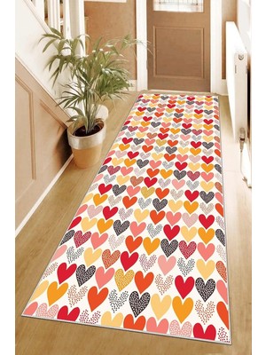 Mey İthalat Pelangi Kalp Desenli Şeritli Dijital Baskı Yıkanabilir Kaymaz Taban Modern Salon Halı ve Yolluk, Pembe 40 x 40, 9554105840407