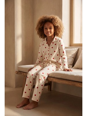 Bony Socks Kız Çocuk Kalpli Pijama Takımı Ekru