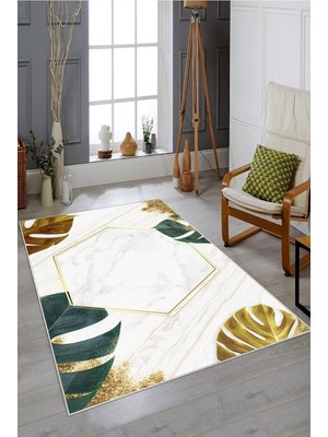 Mey İthalat Pelangi Beyaz Zemin Geometrk Yaprak Desen Yıkanabilir Kaymaz Taban Leke Tutmaz Modern Salon Halısı ve Yolluk, Beyaz 120 x 180, 74571150120180728
