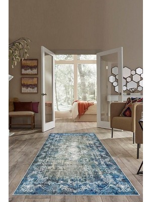 Mey İthalat Pelangi Mavi Zemin Çiçek Desenli Yıkanabilir Kaymaz Taban Leke Tutmaz Modern Salon Halısı ve Yolluk, Mavi-Gri 180 x 300, 74571213180300728