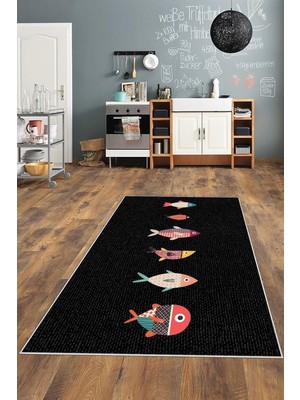 Mey İthalat Pelangi Siyah Balık Detaylı Yıkanabilir Kaymaz Taban Leke Tutmaz Modern Salon Halısı ve Yolluk, Siyah-Renkli 80 x 150, 13582378015005
