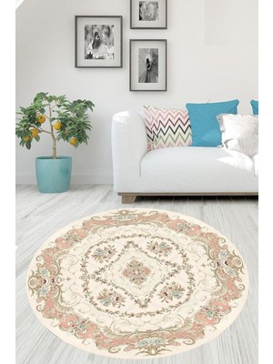 Mey İthalat Pelangi Krem Çiçek Desenli Dijital Baskı Yıkanabilir Kaymaz Taban Yuvarlak Halı, Krem 120 x 120, 999136412012005