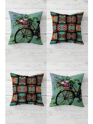 Mey İthalat Pelangi Bisiklet ve Etnik Desenli Vintage Gizli Fermuarlı Kırlent Kılıfı Koltuk Yastık Kılıfı TAKIM(4ADET), Yeşil-Turuncu 45 x 45
