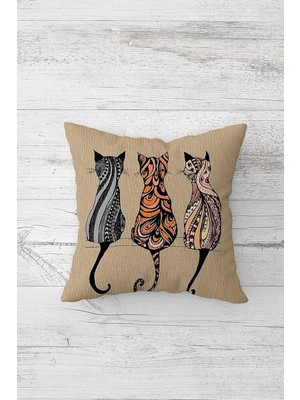 Mey İthalat Pelangi Kedi Desenli Çift Tarafı Baskılı Gizli Fermuarlı Yastık Kılıfı Kırlent Koltuk Yastık Kılıfı, Bej-Turuncu 45 x 45, 24691143945451
