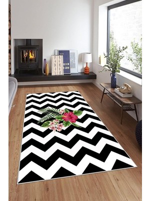 Mey İthalat Pelangi Siyah Beyaz Zigzag Desenli Yıkanabilir Kaymaz Taban Leke Tutmaz Modern Salon Halısı ve Yolluk, Siyah 160 x 240, 7457112416024005