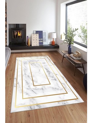 Mey İthalat Pelangi Gri Gold Çerçeveli Mermer Desen Yıkanabilir Kaymaz Taban Leke Tutmaz Modern Salon Halısı ve Yolluk, Beyaz-Gold 80 x 500, 135801680500728