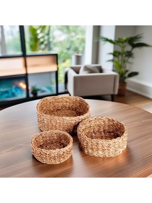 Mey İthalat Deconox 3'lü Rustik El Yapımı Doğal Yuvarlak Hasır Düzenleyici Seti | 3'lü Hasır Yuvarlak Organizer Seti – Dekoratif, Çok Amaçlı ve Dayanıklı Rattan Sepetler (30X30X12CM – 25X25X10CM – 20X20X8CM)