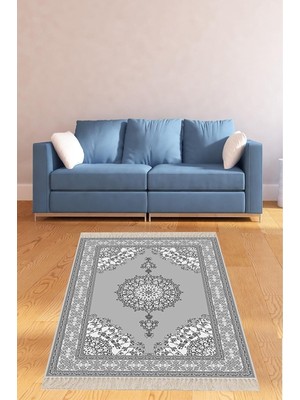 Mey İthalat Pelangi Osmanlı Motifler Desenli Dijital Baskı Yıkanabilir Kaymaz Taban Leke Tutmaz Etnik Salon Halısı (Gri), Gri-Beyaz 80 x 200
