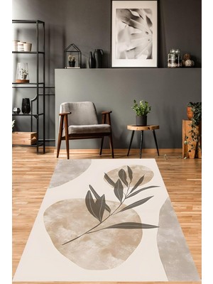 Mey İthalat Pelangi Bohemian Yapraklı Geometrik Şekilli Yıkanabilir Kaymaz Taban Leke Tutmaz Salon Halısı Yoluk, Bej-Koyu Yeşil 120 x 200