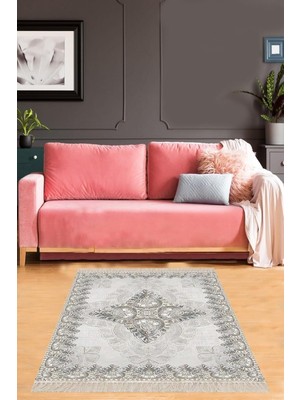 Mey İthalat Pelangi Nakış Desenli Dijital Baskı Yıkanabilir Kaymaz Taban Modern Salon Halısı ve Yolluk, Gri 40 x 40