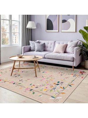 Mey İthalat Latte Dizayn Florina Kadife Pamuk Tabanlı Yıkanabilen Kaydırmaz Antibakteriyel Salon Halısı 100X150