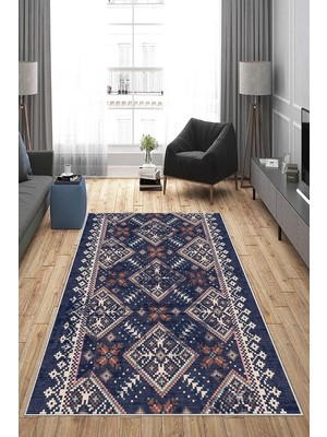 Mey İthalat Pelangi Geometrik Etnik Kilim Desenli Siyah Beyaz Dijital Baskı Yıkanabilir Kaymaz Taban Modern Salon Halısı, Indigo Mavi 100 x 150
